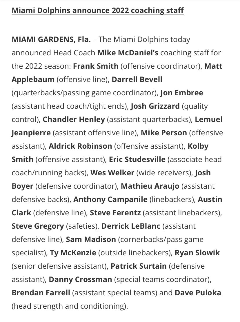 Miami Dolphins 2022 coaching staff